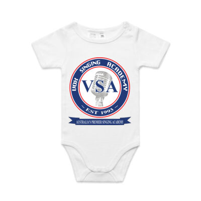 Classic Vox Singing Academy logo on whole front baby onesie romper. Thumbnail