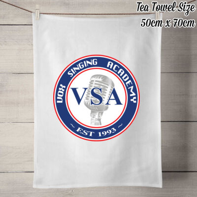 Classic Vox Singing Academy logo on front of 100% linen tea towel. Thumbnail