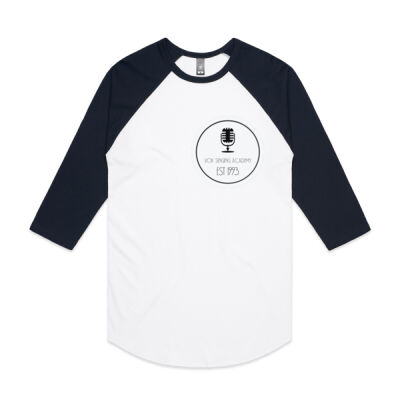 White Microphone Logo front and back on cotton uni sex three-quarter-sleeve T-shirt. Thumbnail