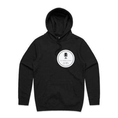 White Microphone Logo front and back on cotton uni sex Hoodie. Thumbnail
