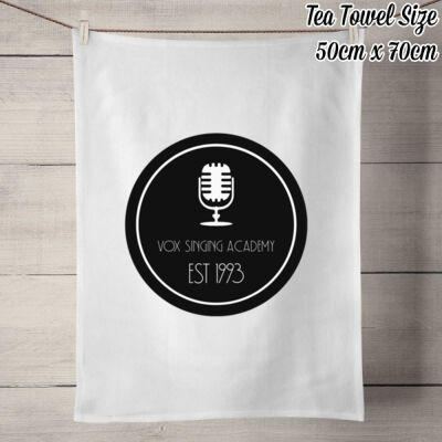 Black Microphone Logo on 50% linen tea towel. Thumbnail