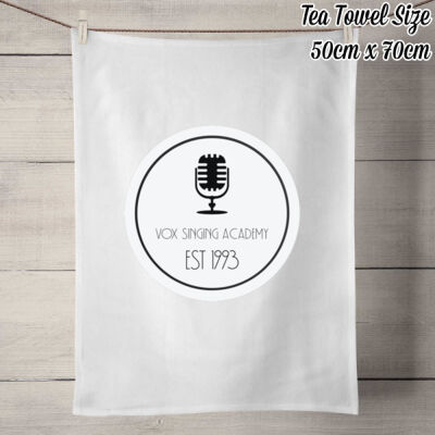 White Microphone Logo on 100% linen tea towel. Thumbnail
