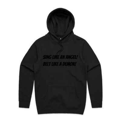 Sing like an angel, belt like a Demon front, logo on back unisex Hoodie. Thumbnail